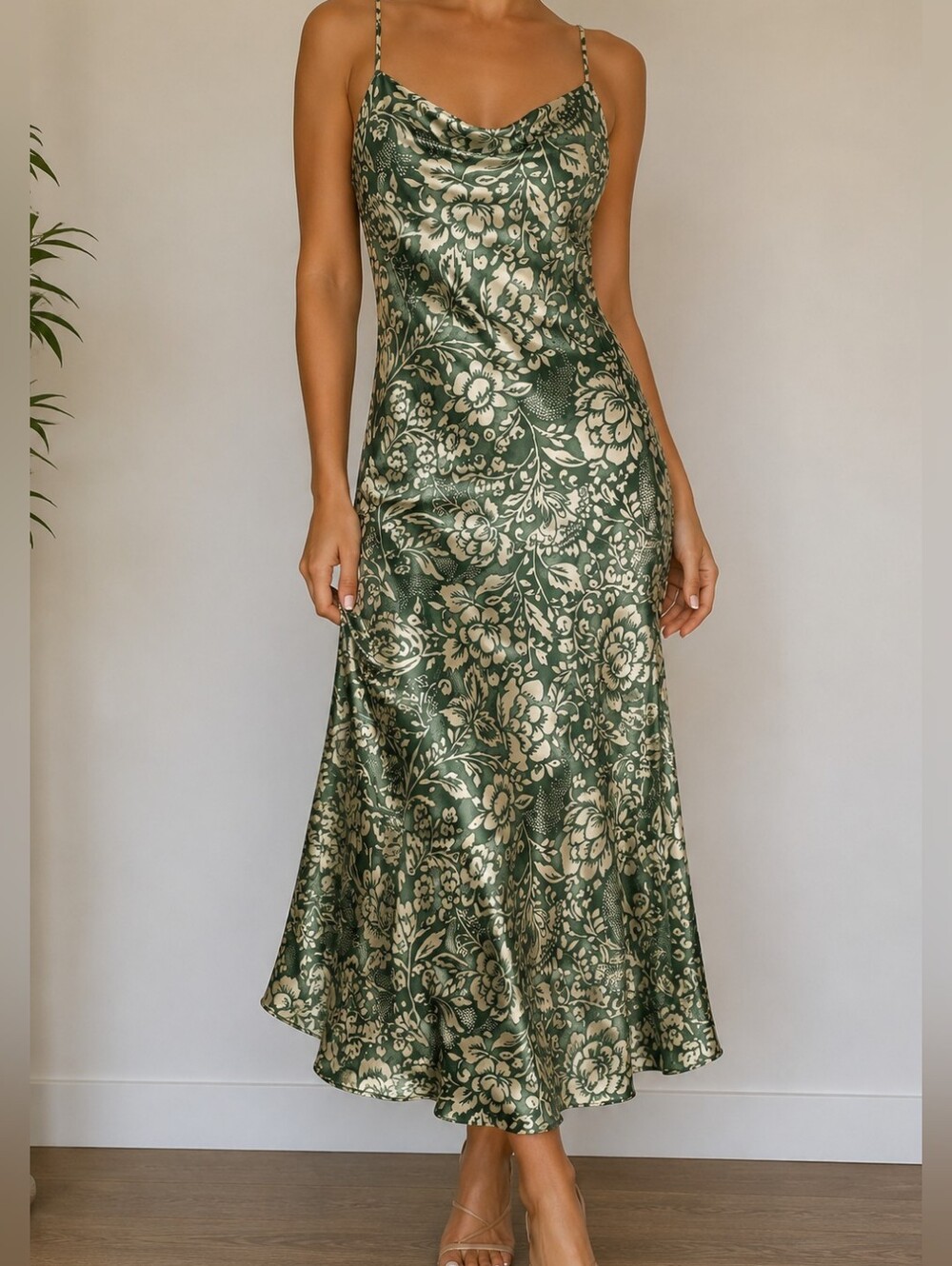 Zara Green and Cream Floral Satin Maxi Dress